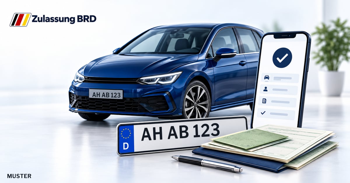 Online Fahrzeugzulassung in Ahaus: Musterkennzeichen AH AB 123, Auto und Fahrzeugpapiere und Smartphone. Illustration mit Logo von Zulassung BRD.